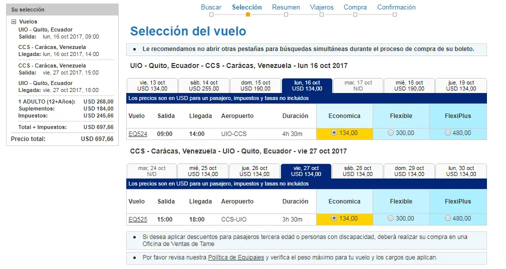 Pasajes Tame Quito Bogotá Caracas
