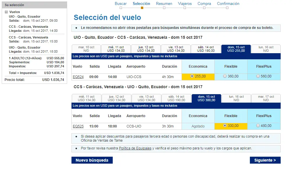 Tame vuelos Quito Bogotá Caracas