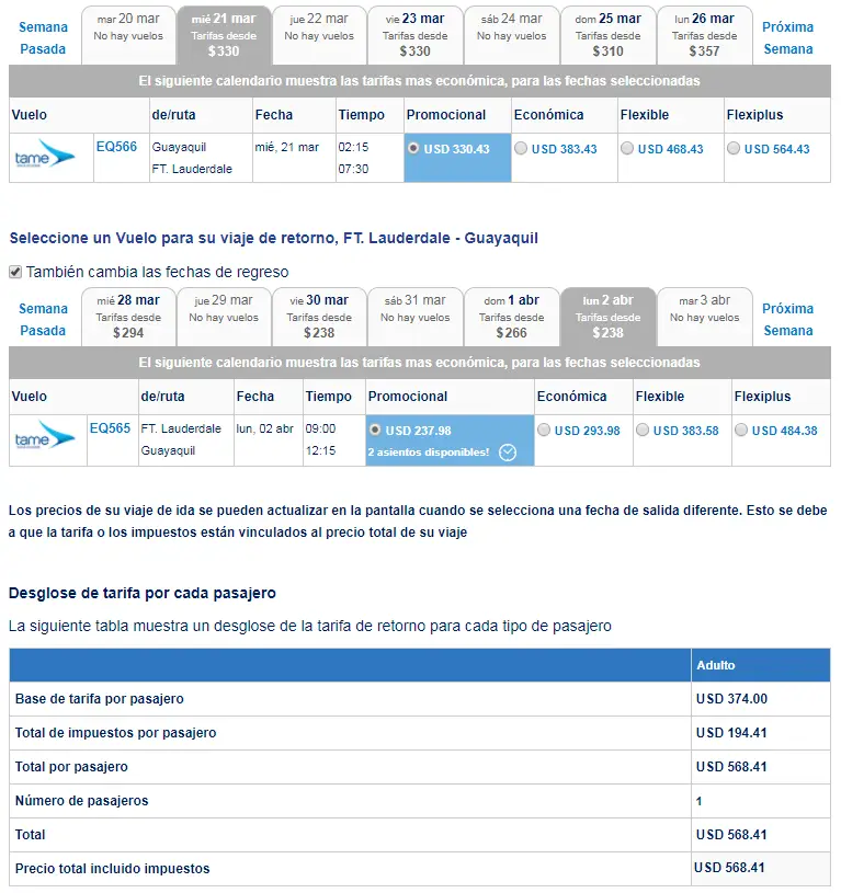 Frecuencias, horarios y precios de pasajes de Tame EP de Guayaquil a Fort Lauderdale