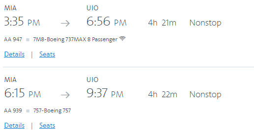 American Airlines ruta horario itinerario Quito Miami Boeing 737 MAX