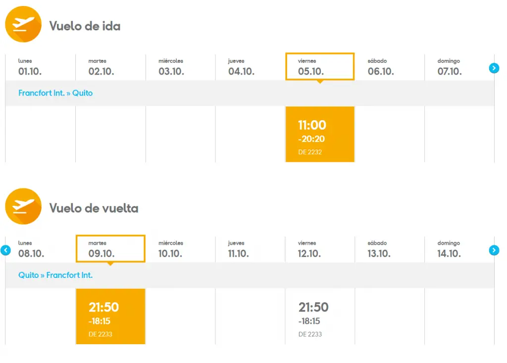 Vuelos itinerario horarios aerolinea Condor Ecuador Quito Santo Domingo Frankfort