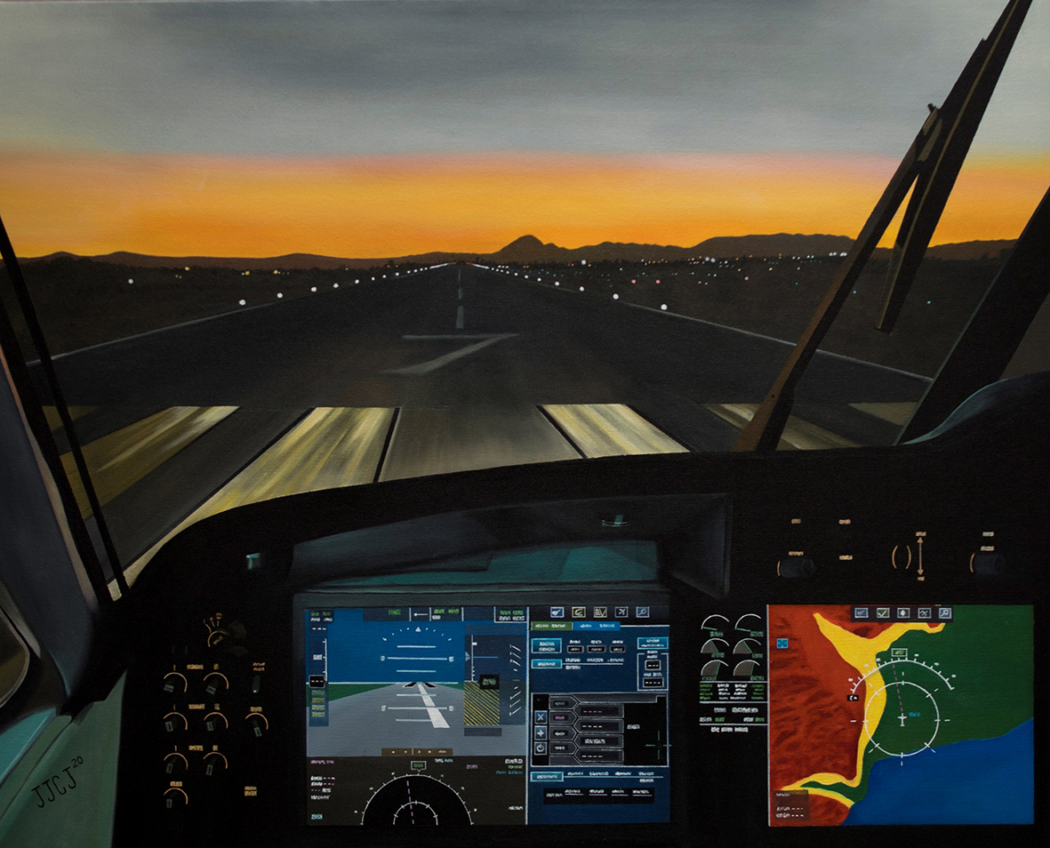 proceso pintura de un cuadro sobre lienzo avion
