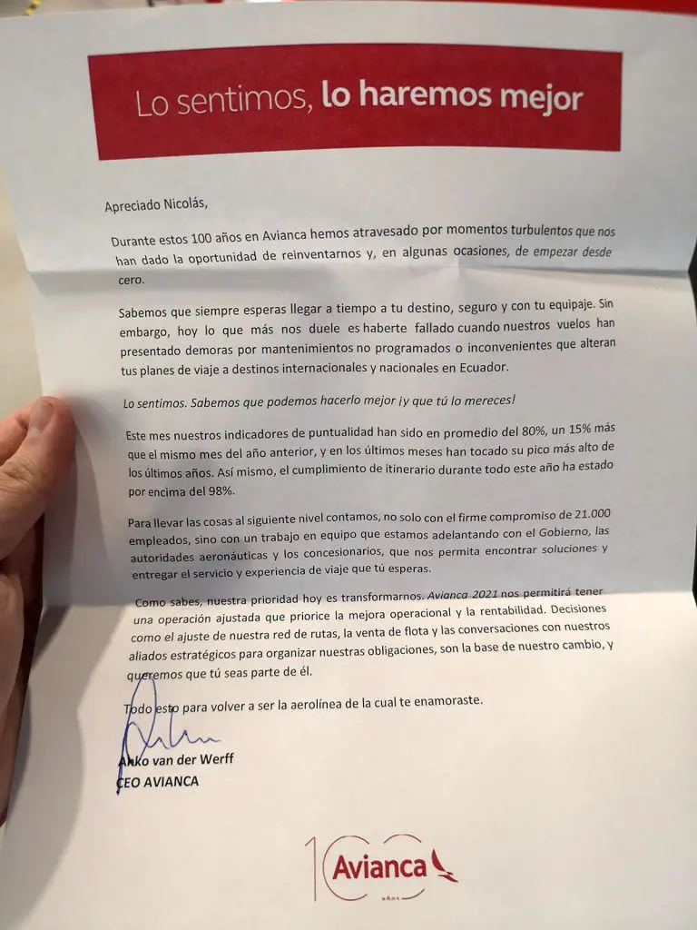 disculpa CEO Avianca Anko van der Werff