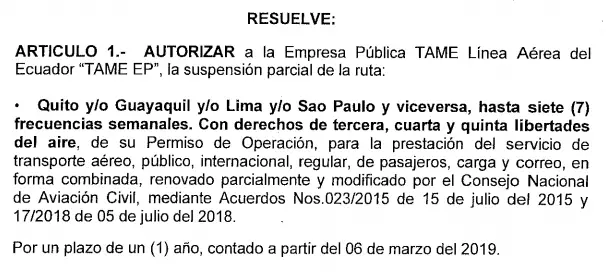 tame suspende ruta lima quito