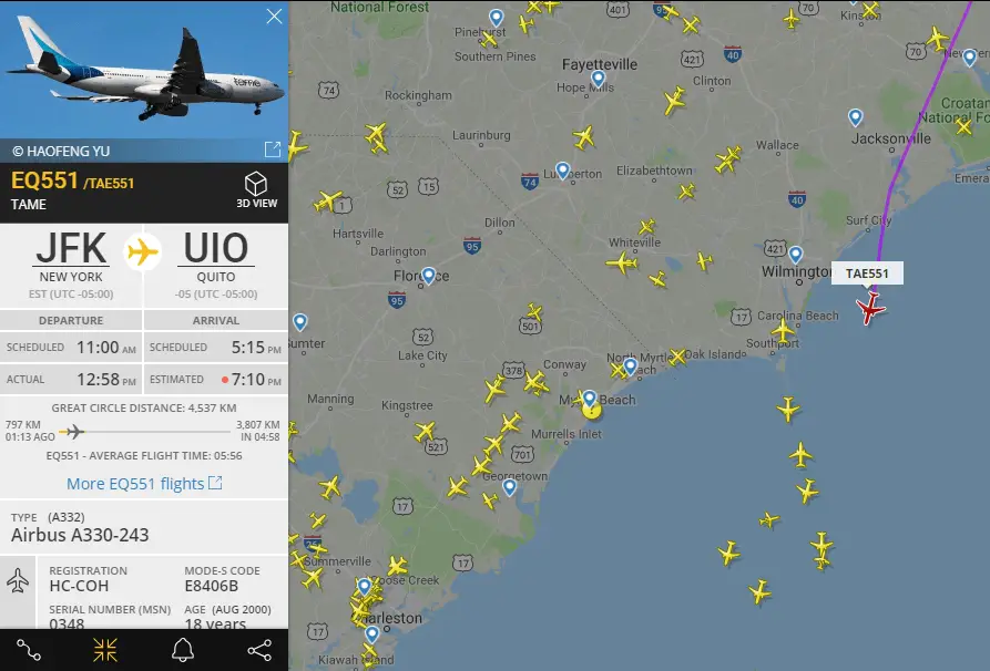 ultimo vuelo Tame Nueva York Quito Airbus A330 HC-COH